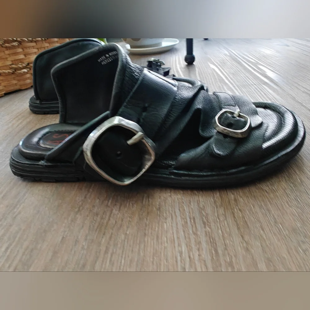 A.S. 98 Tavon Sandals - Black Leather Slide Sandals with Buckle Straps - Picture 2 of 6